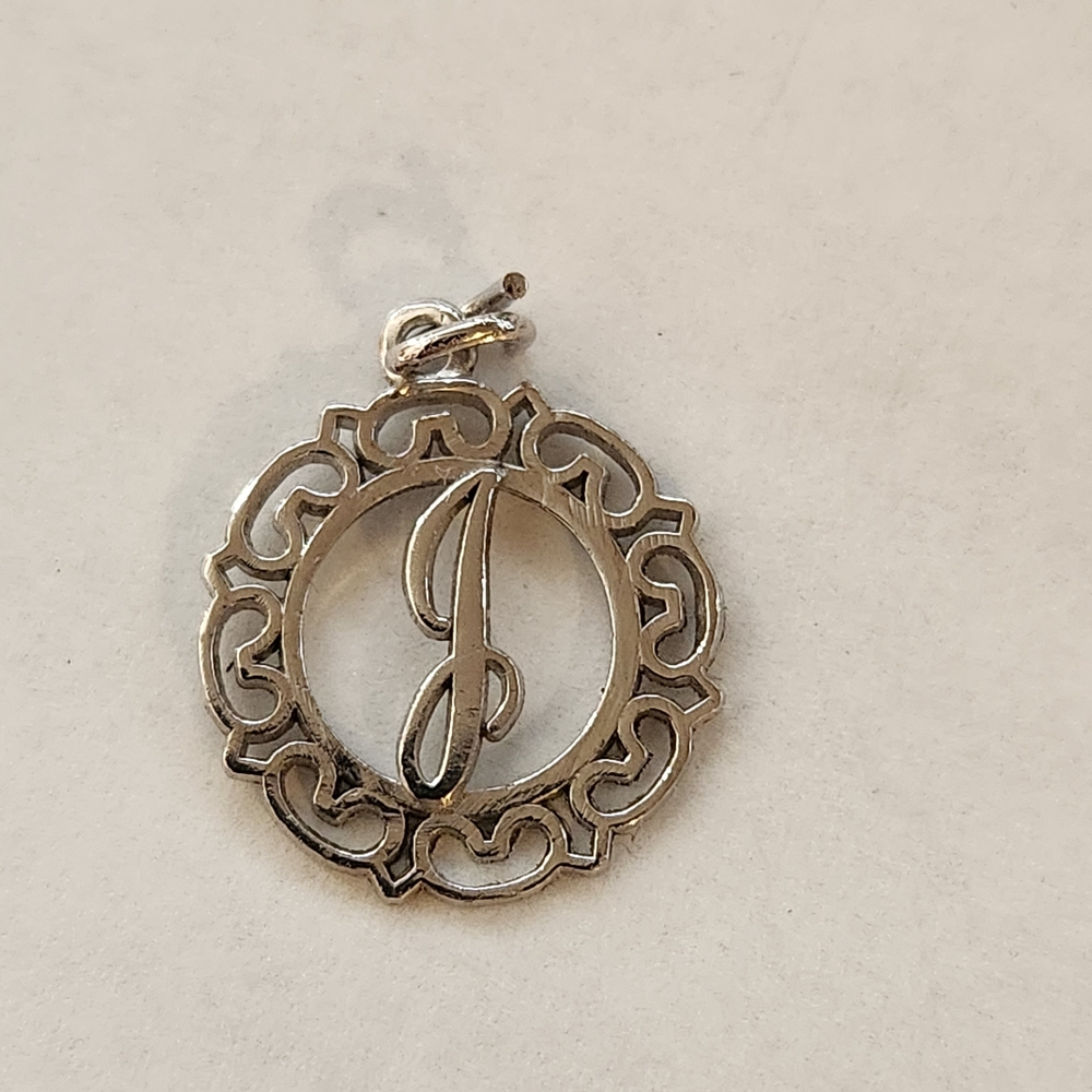 Sterling Silver Script 'J' Filigree Round Charm Pendant